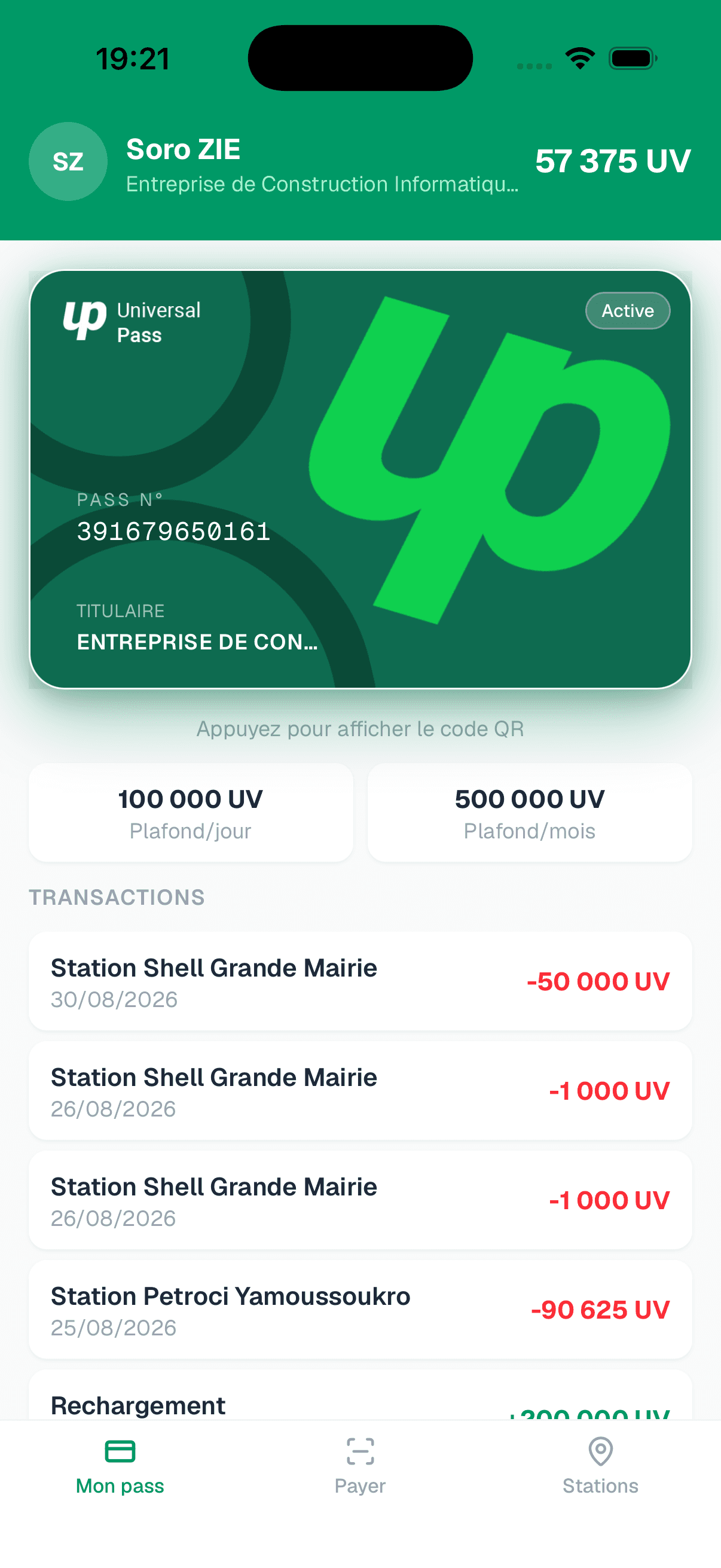 Écran Mon pass de l'application Universal Pass